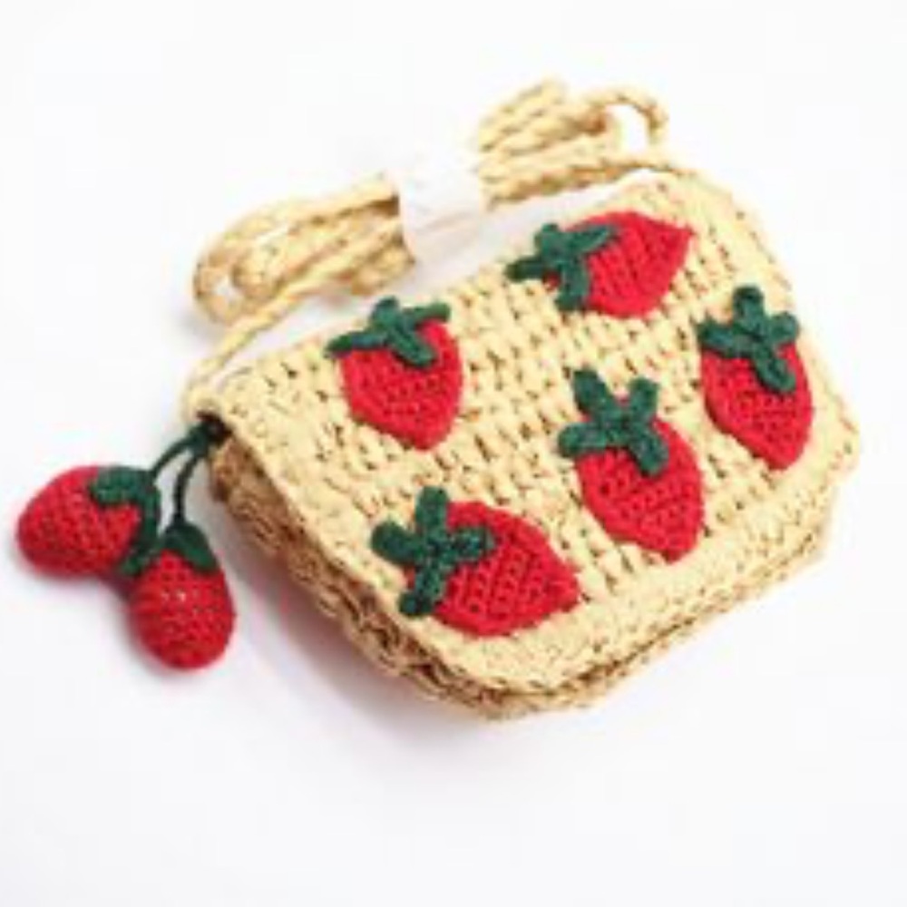 Zara Crossboy & Belt Strawberry Woven Bag with Red Strawberrys and Green Accents